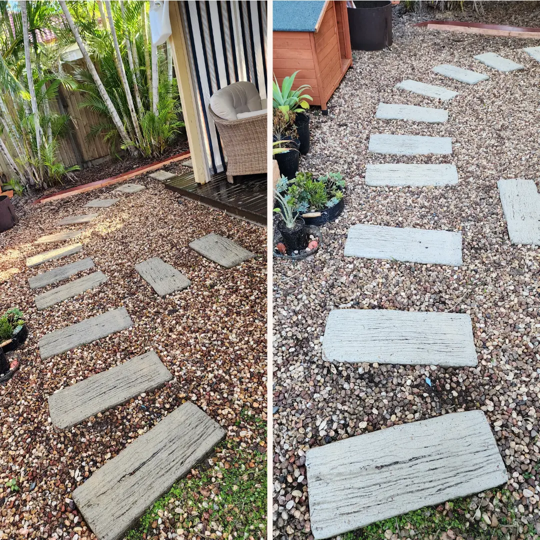 Before and after comparison of cleaned garden stepping stones